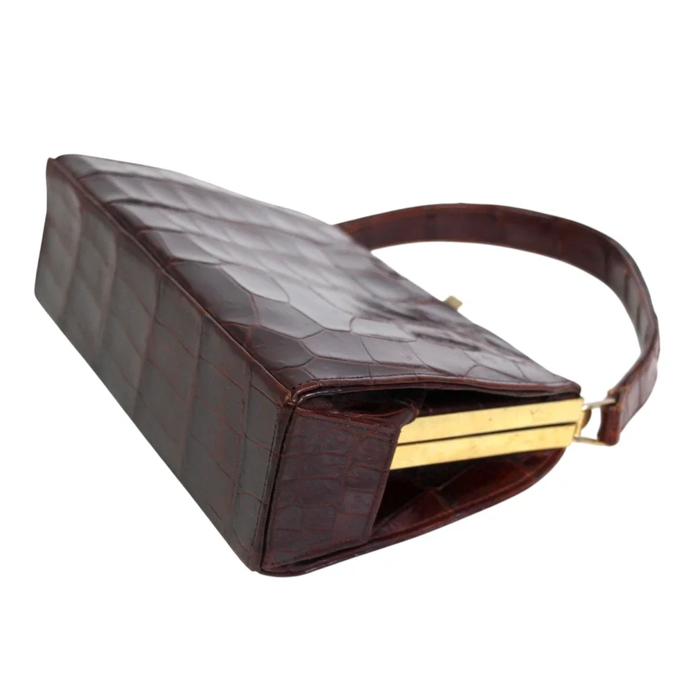 VINTAGE BROWN CROCODILE SKIN FRAME TOP HANDLE SHOULDER BAG HANDBAG SATCHEL PURSE